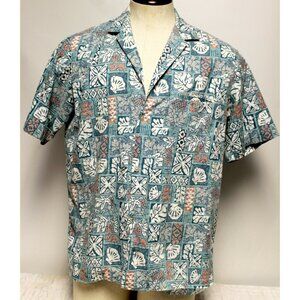 Vtg 1990s Royal Creations Green Blue Button Down Floral Hawaii Shirt Men L